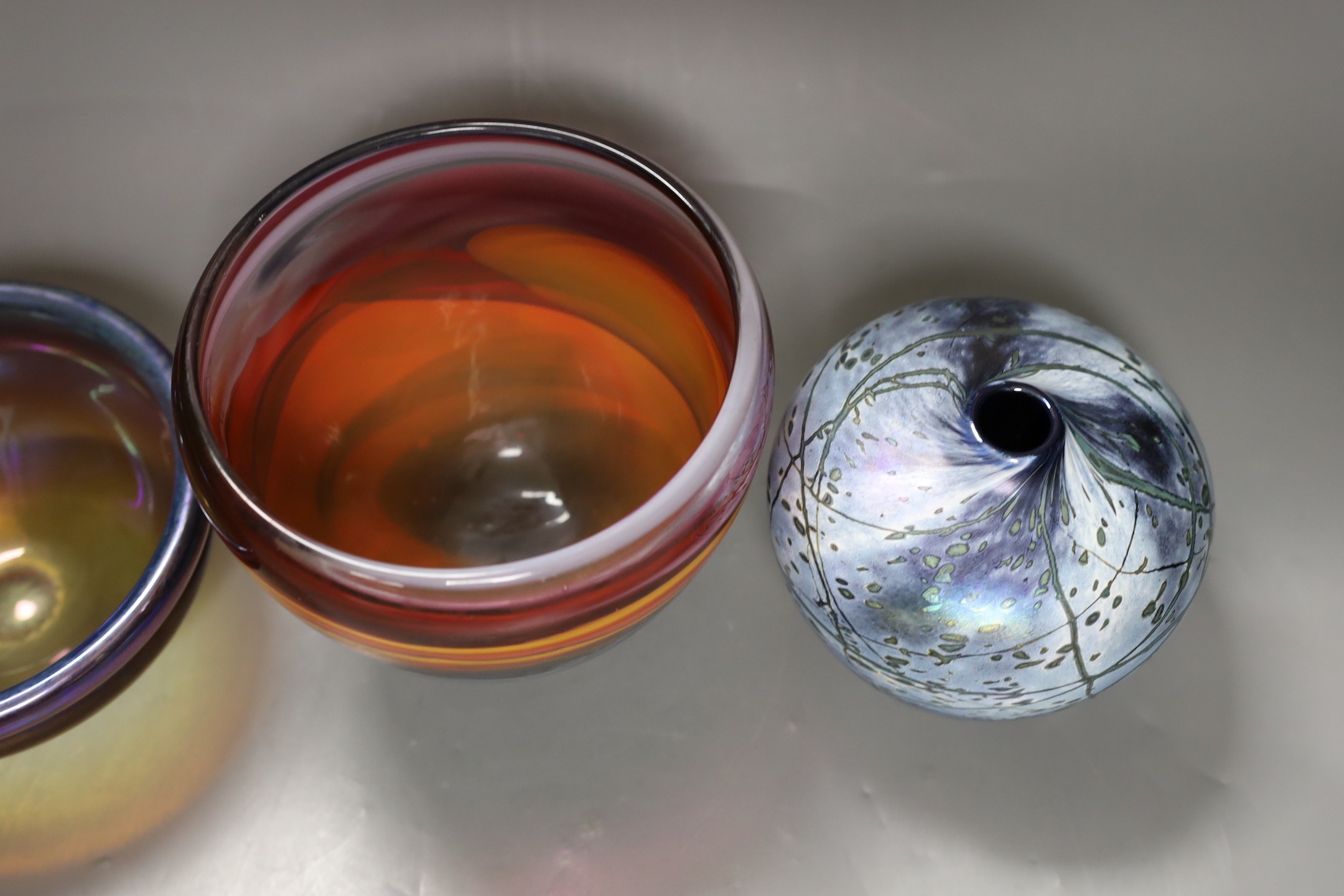 Anthony Stern (1944-2022), ‘seascape’ art glass vase, together with a Patrick Stern (b.1952) abstract art glass vase, together with another art glass vase, all signed, tallest 15cm high